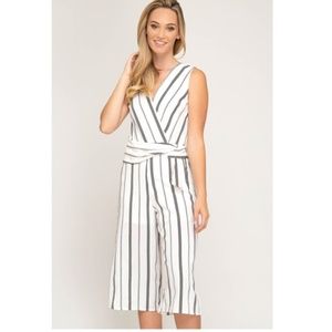 White Striped Tie Waist Lined Culotte Jumpsuit